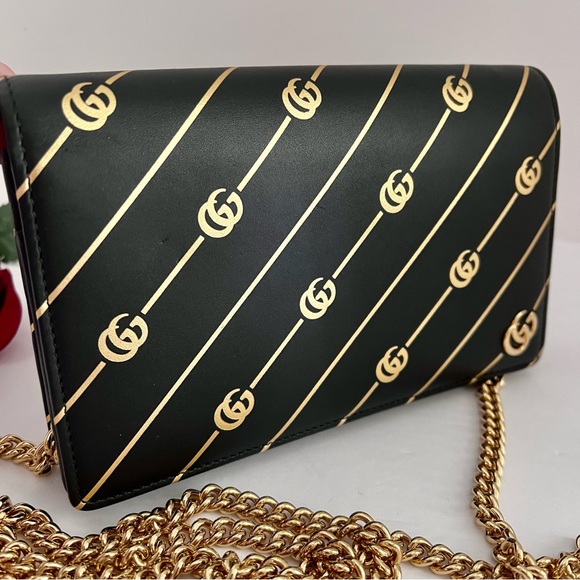 Authentic Gucci Black/Gold GG Diagonal Striped Wallet on Chain - Two Way - Picture 7 of 16